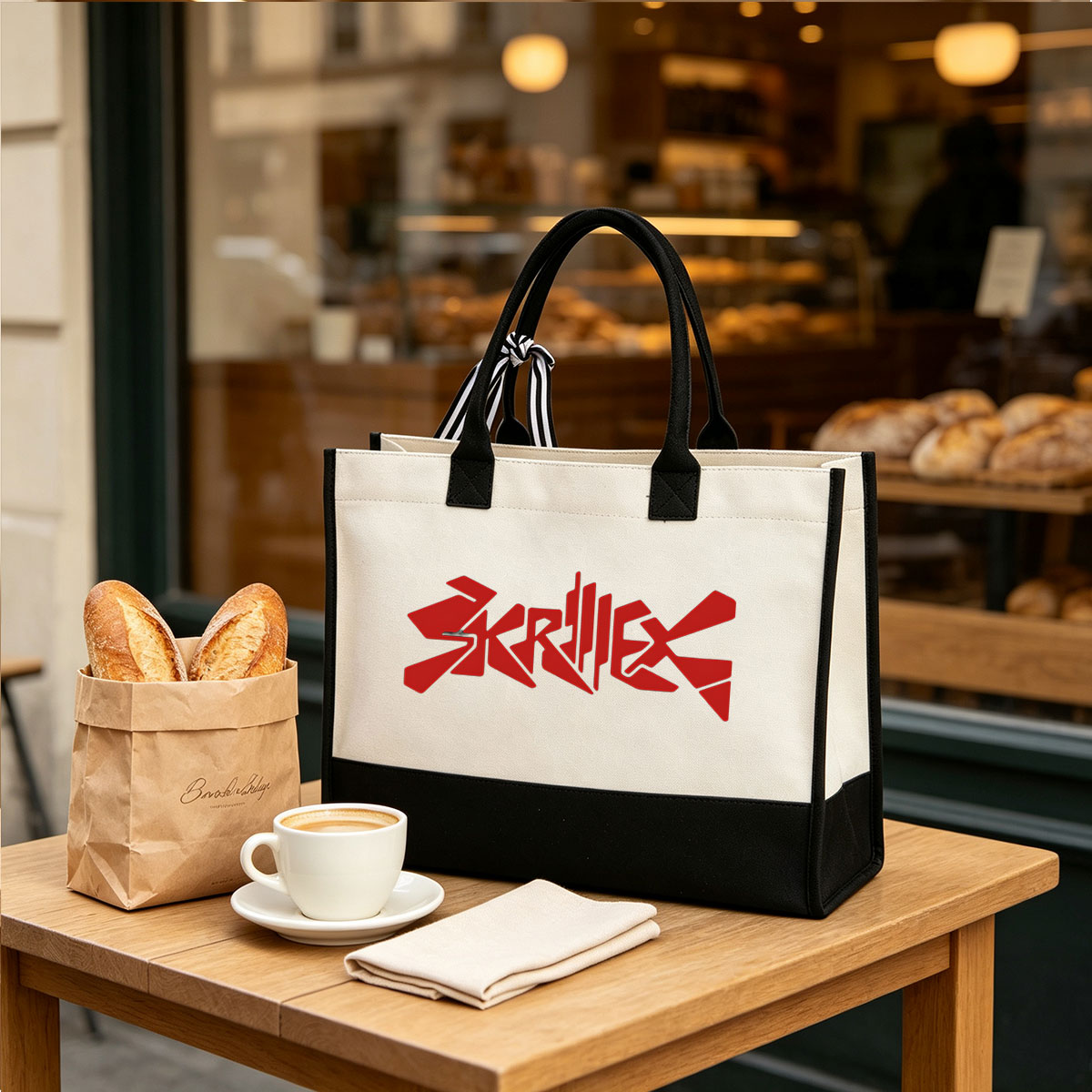 Skrillex Logo in Red on Black Background - Canvas patchwork gift tote bag