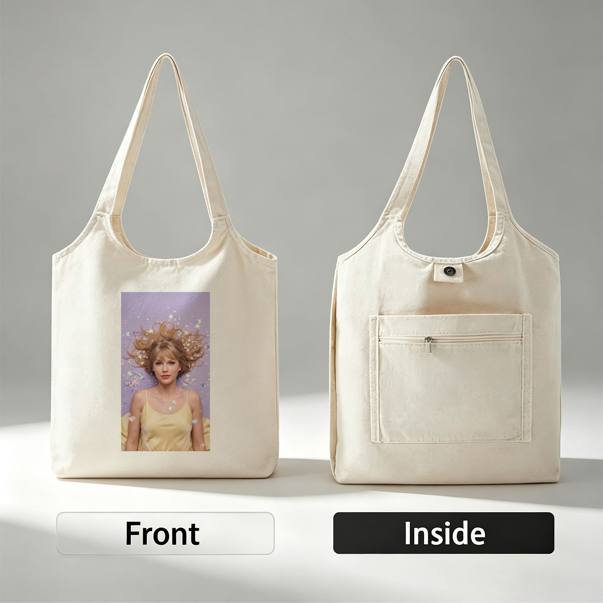 Taylor Swift Lying on Purple Background with Confetti and Stars Around Her Hair - Canvas shoulder bags/