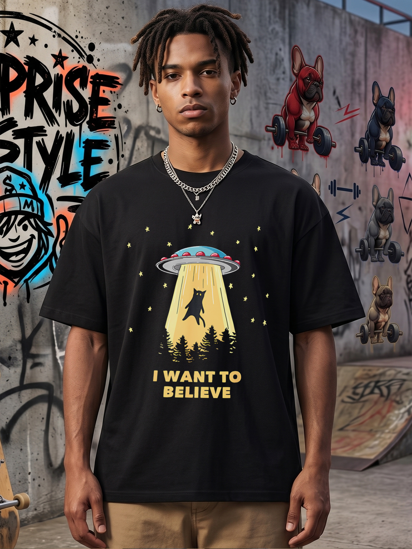 Men's Printed T-Shirt UFO Abducting Cat I Want to Believe Graphic Tee Casual Round Neck Summer Lightweight Breathable Short Sleeve T-Shirt for Sci-Fi Fans and Cat Lovers