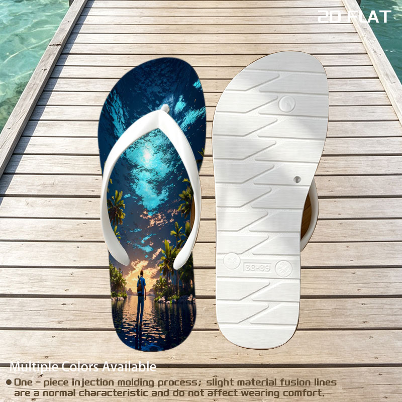 Man stands on water under surreal sky, surrounded by palm trees at twilight -  flip-flops