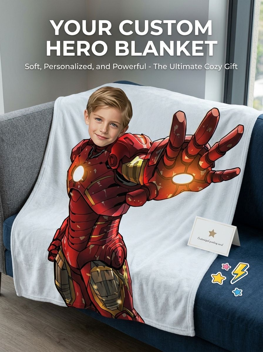 Personalized Superhero Face Photo Flannel Blanket, Ultra Soft Anti-Pilling Cozy Throw, Unique Custom Gift for Kids