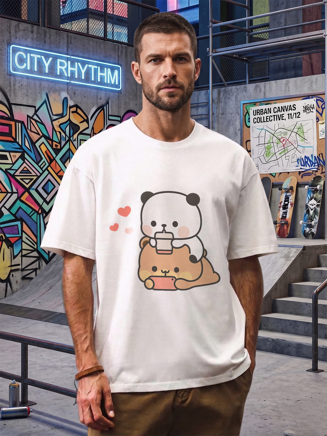 Men's Printed T-Shirt Featuring Cute Panda and Bear with Coffee and Phone Design, Casual Round Neck Lightweight Breathable Summer Short Sleeve Tee for Daily Wear, Office, Travel, and Leisure, Perfect for Young Adults and Trendy Men