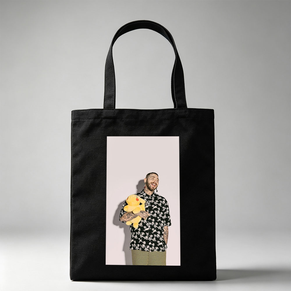 Post Malone Holding a Pikachu Plush Toy in a Patterned Shirt and Checkered Pants - Canvas tote bags