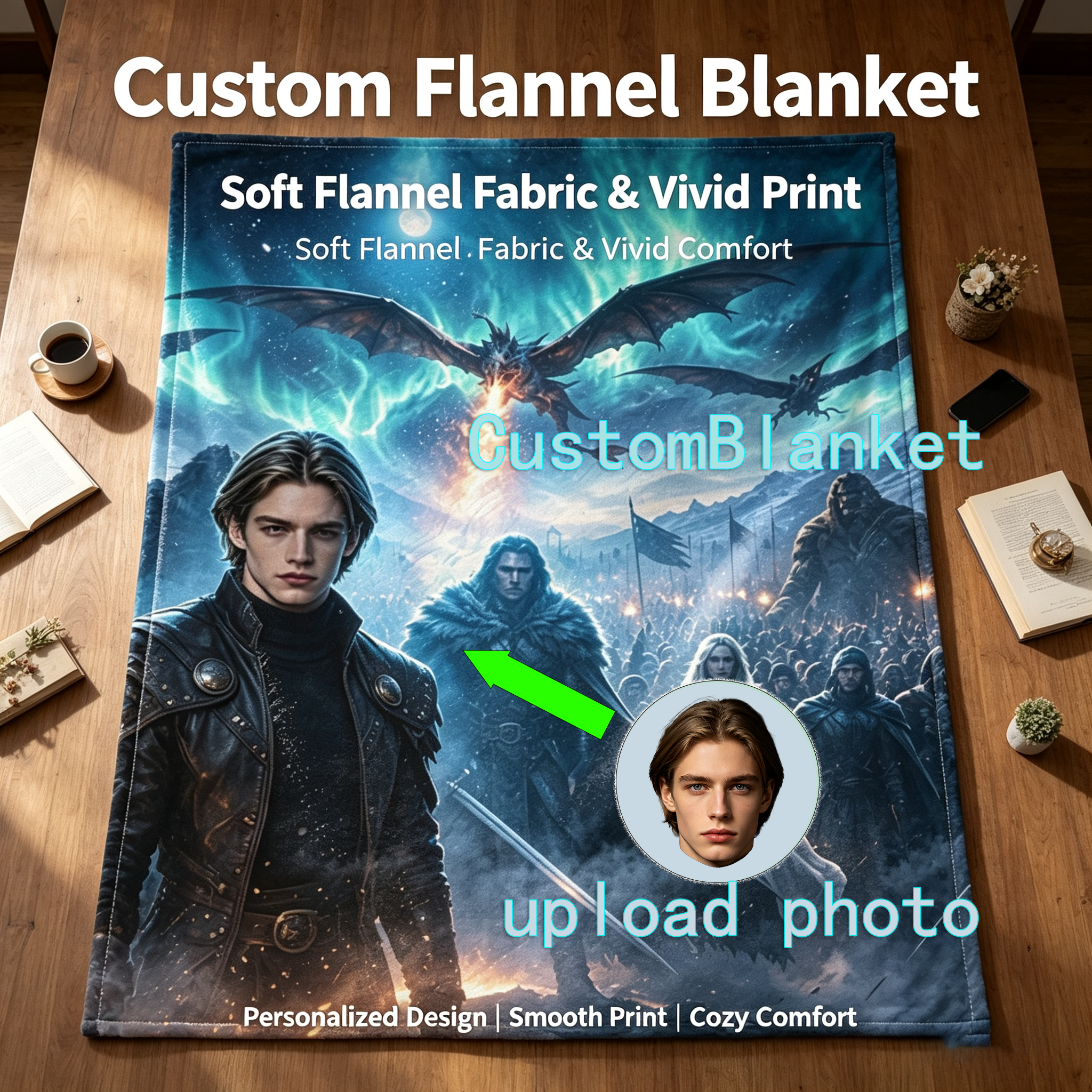 Custom Face Blanket - Epic Fantasy Warrior with Dragon Sky Scene Flannel Blanket - Cozy Bedroom Decor for Fans of Fantasy Art - Perfect Gift or Giveaway for Sci-Fi and Fantasy Enthusiasts