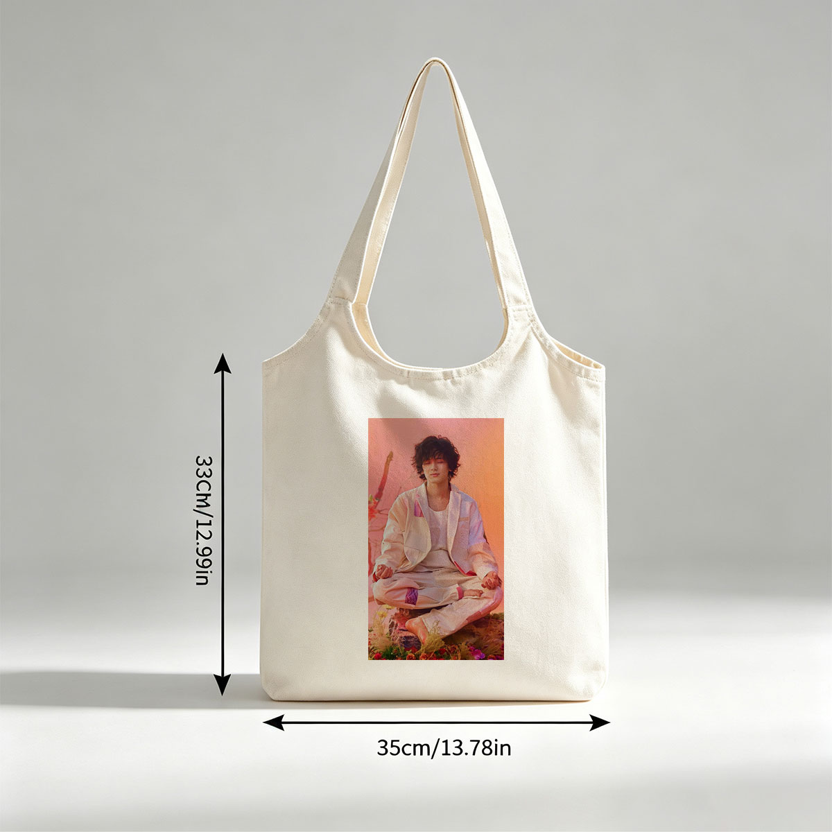 Takuya Kimura Meditating in a Serene Floral Garden with Soft Pink and Orange Background - Canvas shoulder bags/