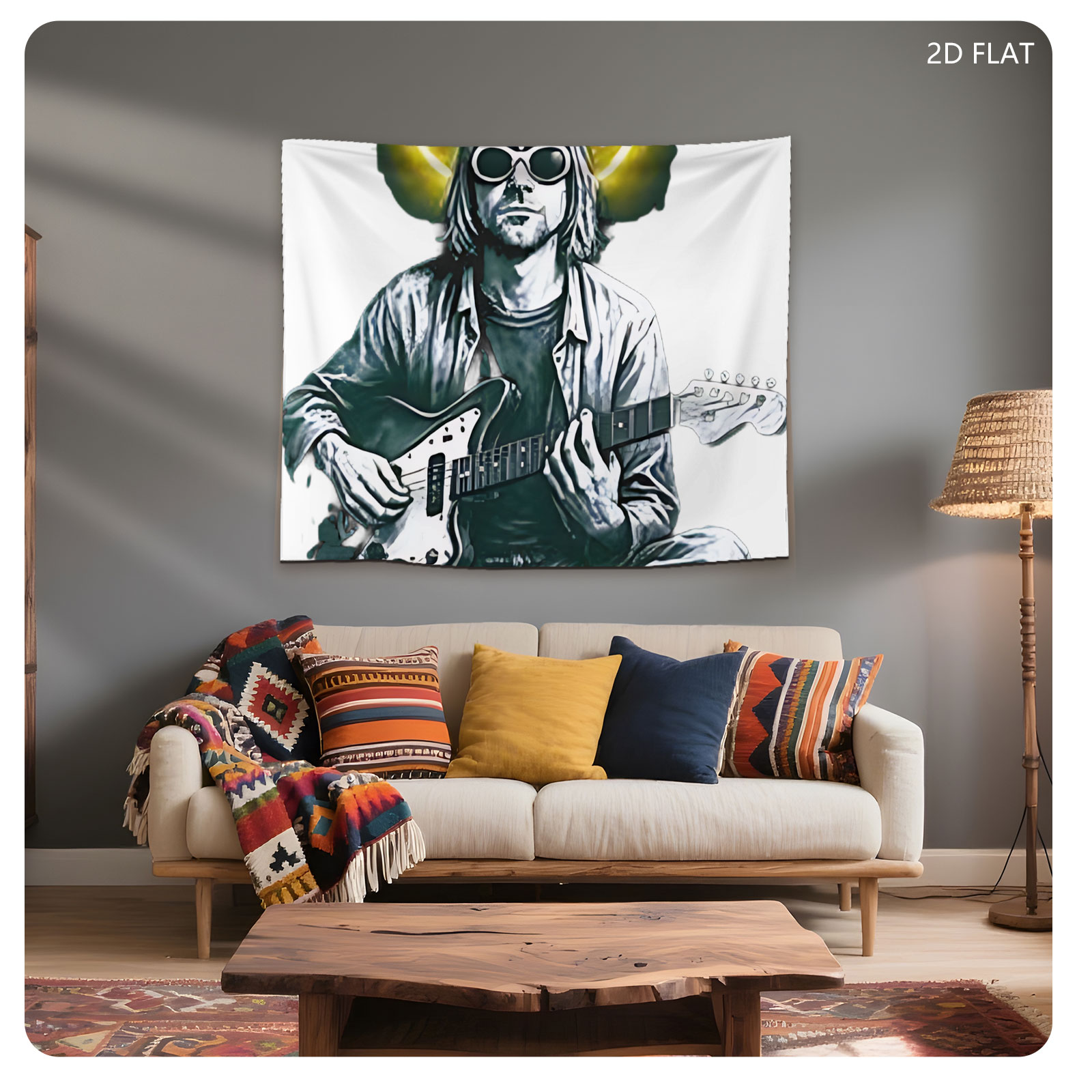 Kurt Cobain Playing Guitar with Neon Smile Halo - Tapestry