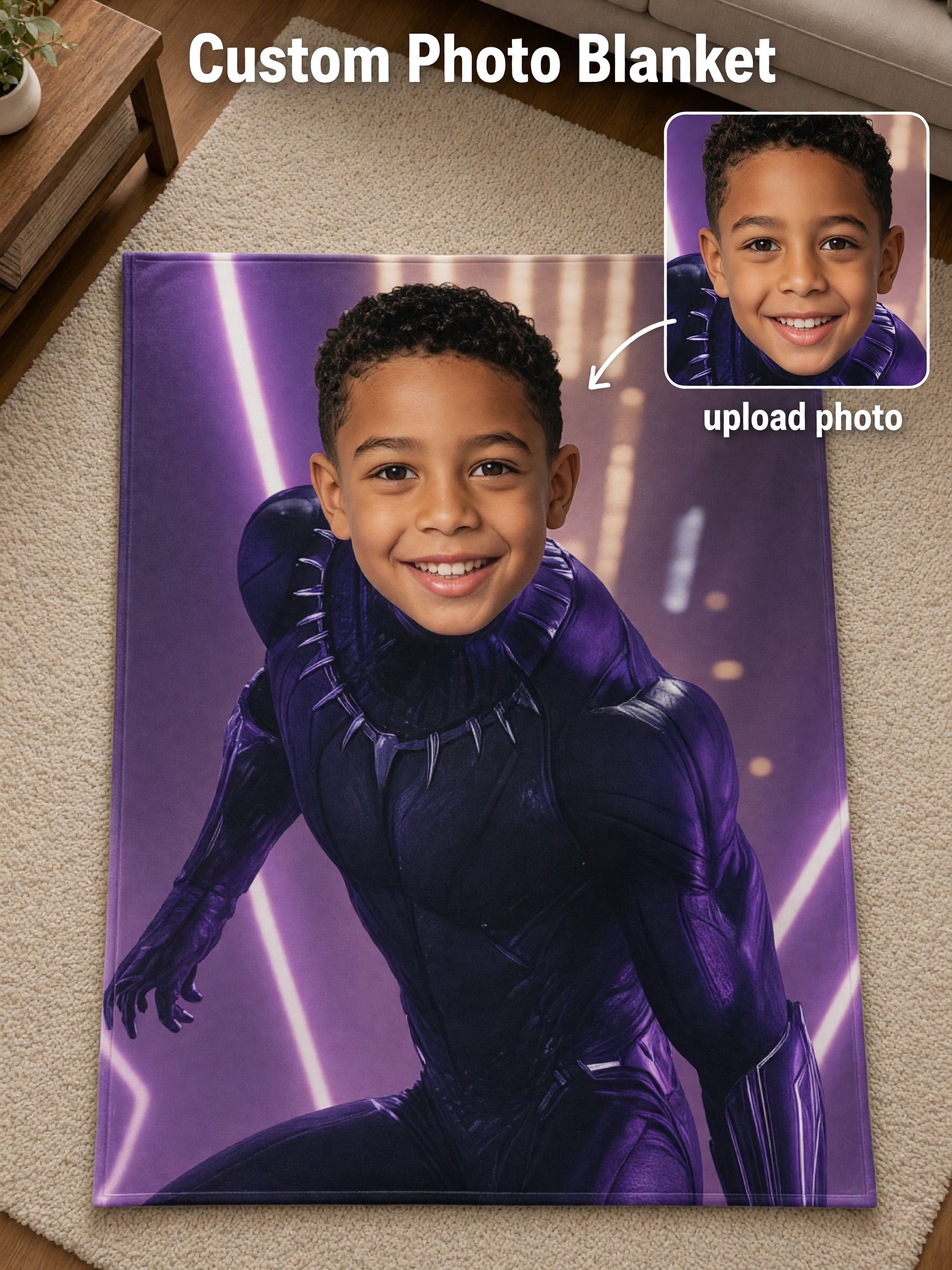 Custom Face Superhero Blanket Personalized Photo Flannel Throw Ultra-Soft Purple Hero Suit Design Ideal Birthday Gift