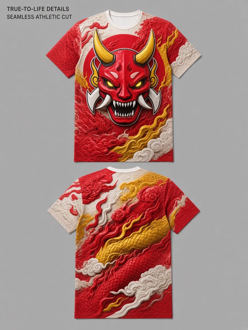 Japanese Oni Demon 3D Optical Illusion Graphic Tee Breathable Athletic Mesh T-Shirt for Casual and Sports Wear