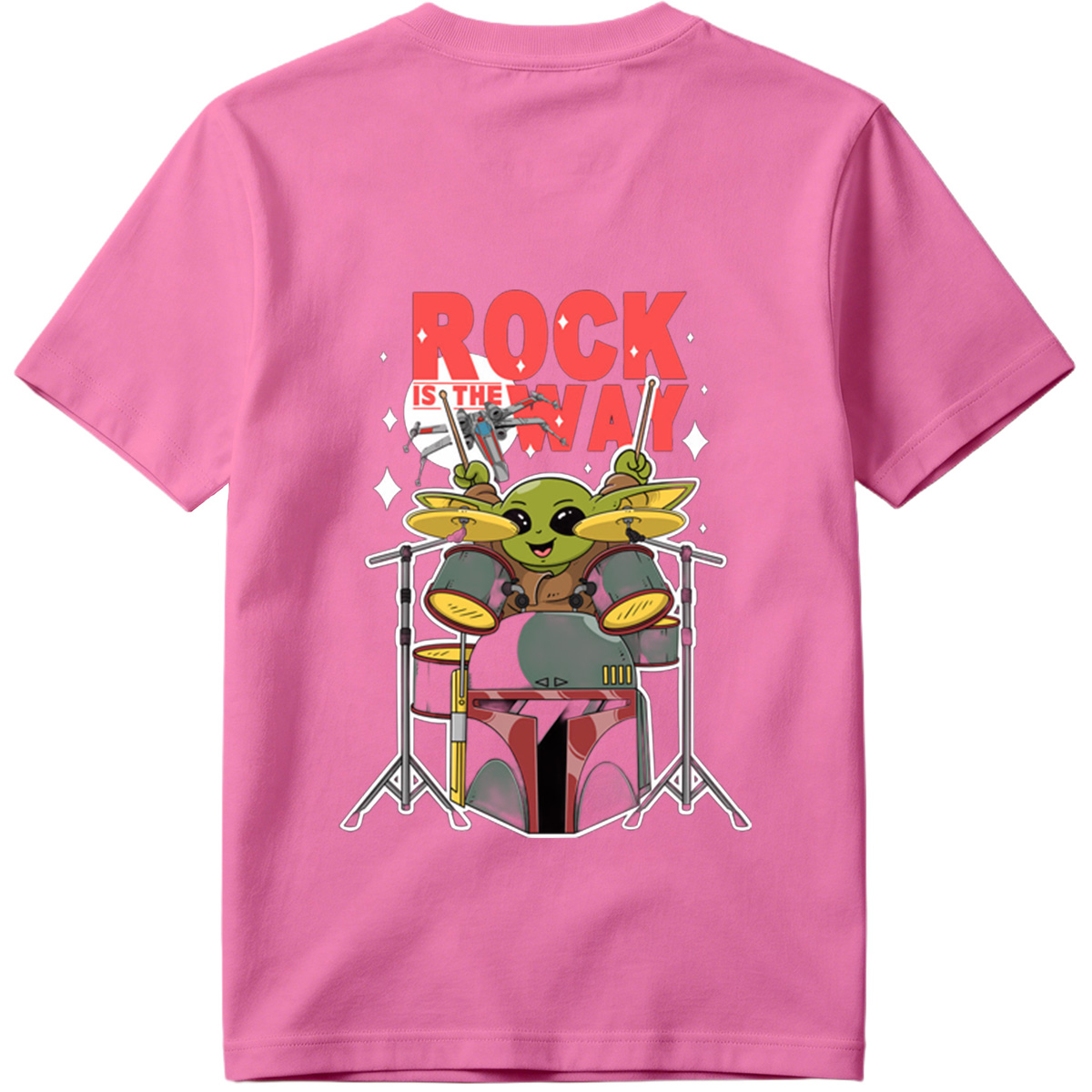 Baby Yoda Rocks the Drums with Boba Fett Helmet - Tee