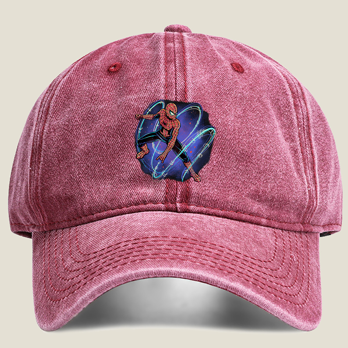 Spider-Man in Action with Dynamic Web Swirls - Washed Denim - Baseball Cap