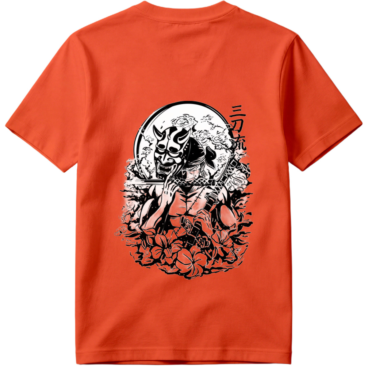Samurai with Oni Mask and Katana in Floral Scene - Tee