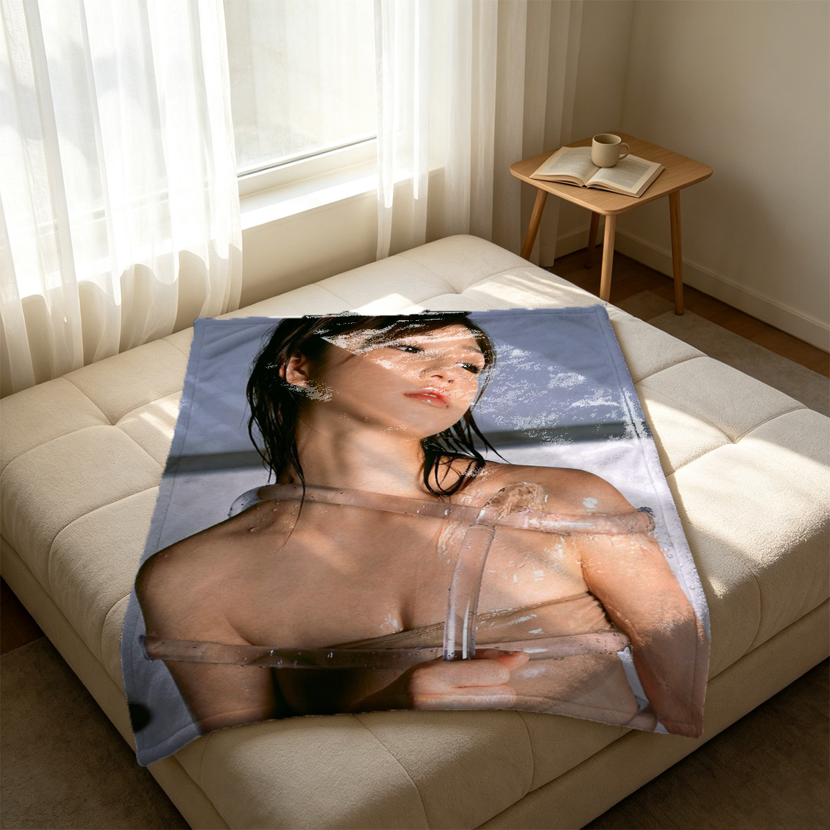 Woman in beige mesh bodysuit stretching on pink yoga mat outdoors. - Blanket
