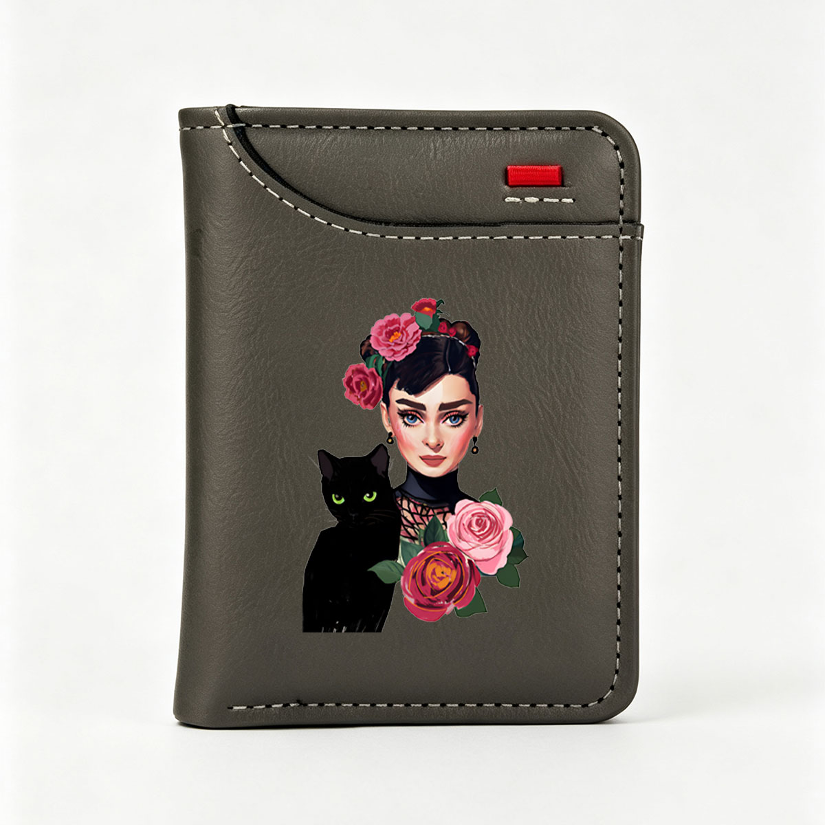 Audrey Hepburn with Roses and Black Cat - Vertical Style Wallet