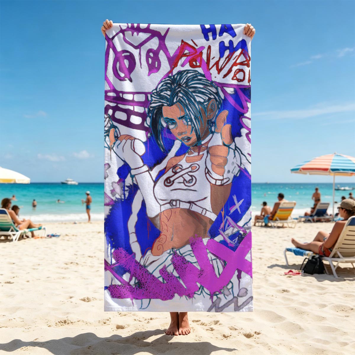 Gloomy Girl with Gun and Graffiti Background - Beach towels