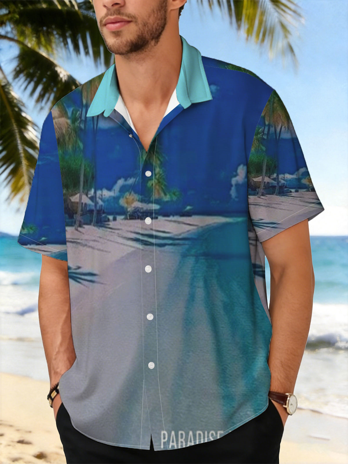 Serene beach with palm trees and turquoise waters under a clear blue sky. -  Shirt