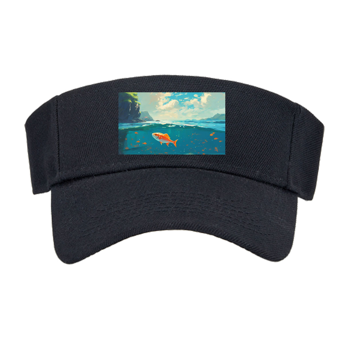 A vibrant orange fish swims gracefully in clear blue waters beneath a sunny sky. -  Visor cap