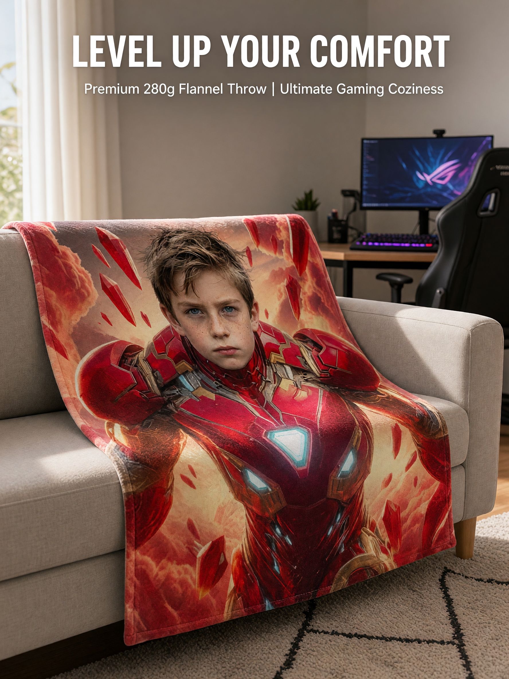 Personalized Photo Blanket Custom Face In Red Gold Mech Armor Soft Flannel Throw Ideal Birthday Gift For Boys And Family