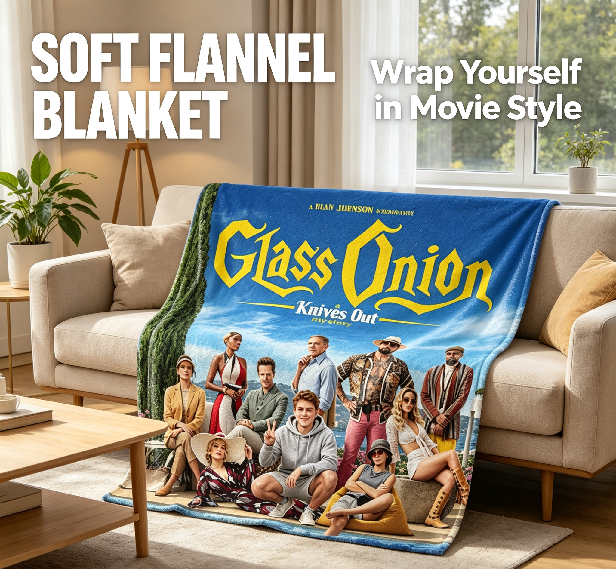 Custom Face Blanket Glass Onion Knives Out Mystery Flannel Blanket Movie-Themed Cozy Throw Perfect for Fans of Rian Johnson Films Ideal Gift or Giveaway for Cinema Lovers