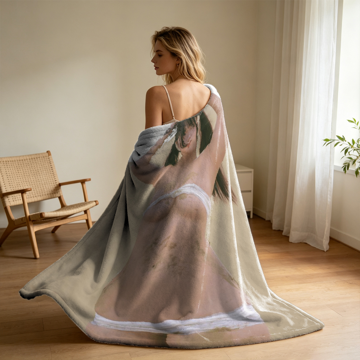 Backless Tan Dress by the Window - Blanket