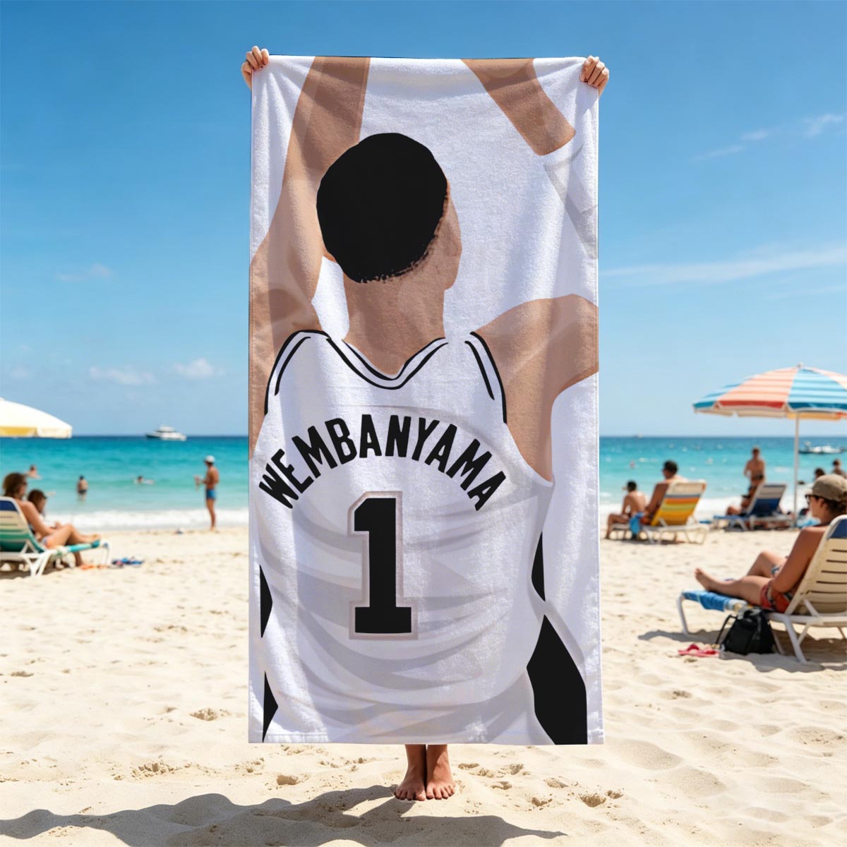 Wembanyama Shooting Basketball, Player #1 in Action - Beach towels