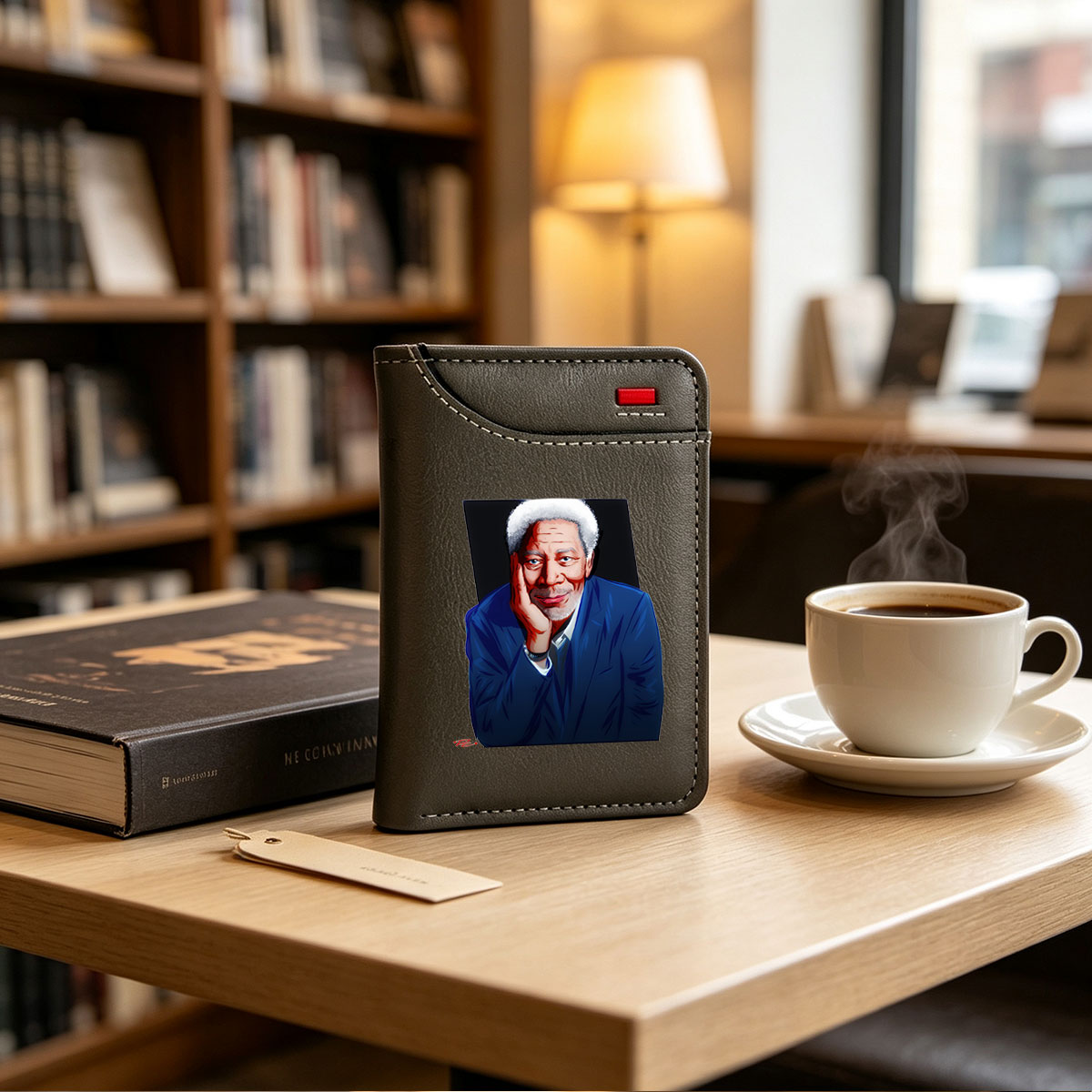 Morgan Freeman in a Blue Suit, Resting His Chin on Hand - Vertical Style Wallet