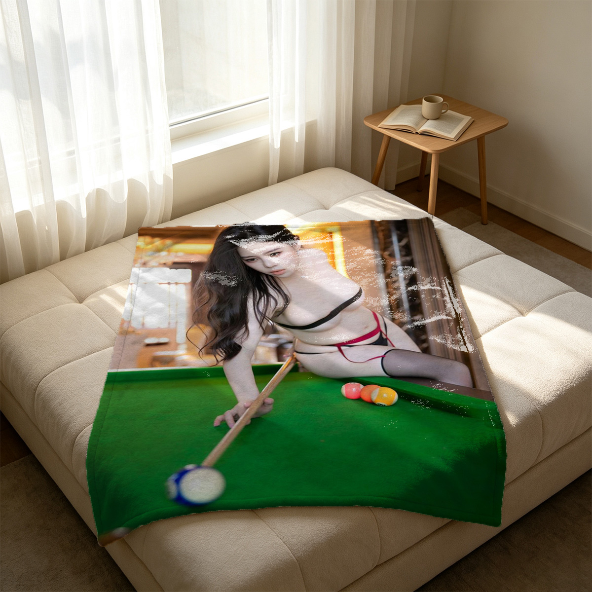 A young Japanese woman in a tight grey sweater and skirt, with nipple pasties, holding an electric guitar while sitting on a couch. - Blanket