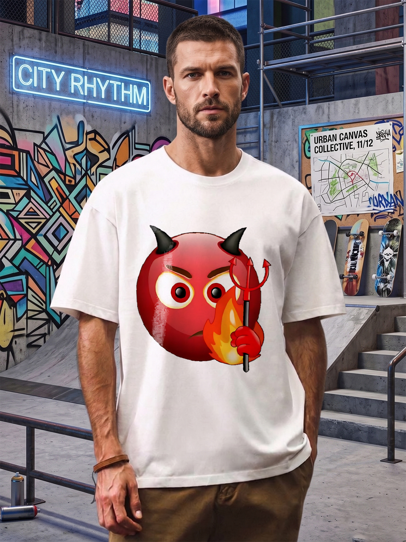 Men's Devil Emoji Print T-Shirt with Horns and Trident Flame Design Casual Round Neck Summer Lightweight Breathable Short Sleeve Tee for Fun Party Wear, Trendy Streetwear for Young Adults