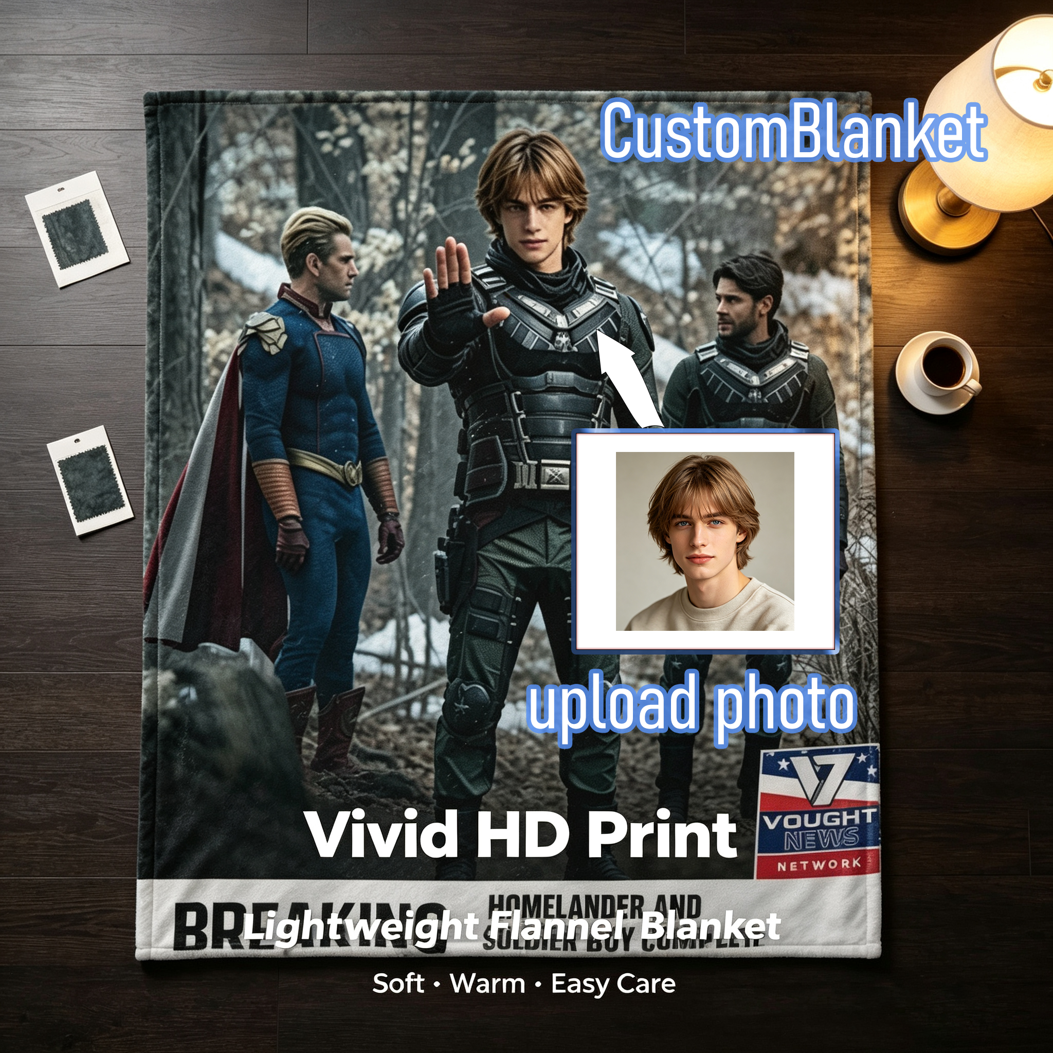 Custom Face Blanket The Boys Homelander and Soldier Boy Flannel Blanket Cozy Living Room or Bedroom Gift for Fans of Superhero Series Perfect for Christmas or Birthday Giveaway
