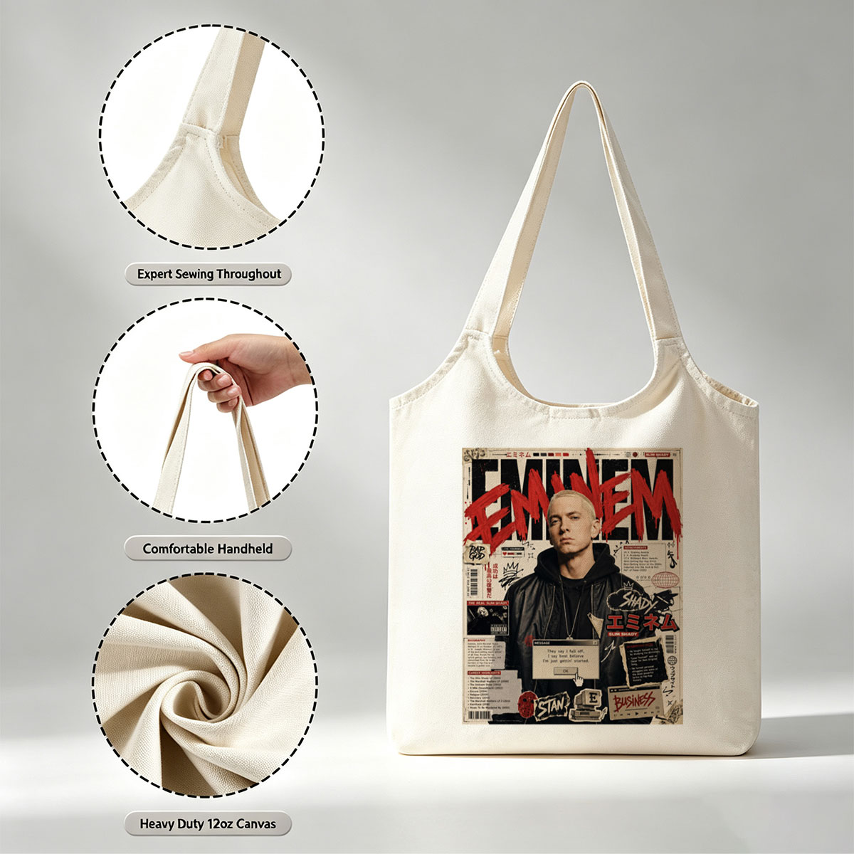Eminem on a vibrant magazine cover featuring bold red text, career highlights, and iconic album references. - Canvas shoulder bags/