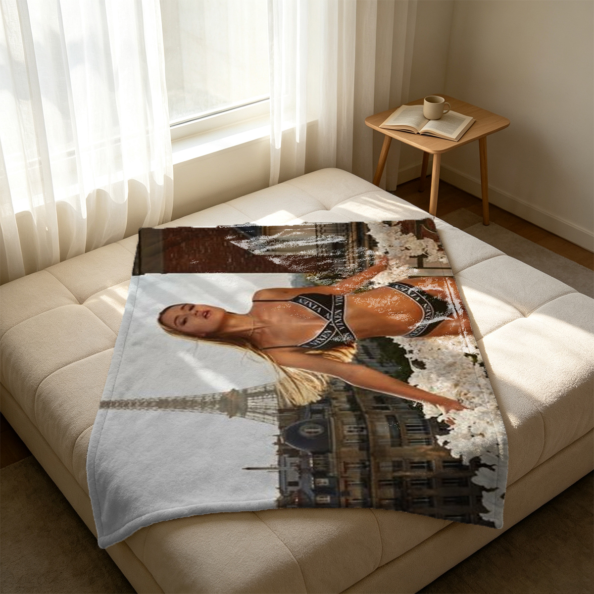 Japanese Model in Wet Purple Cloth by the River Rock - Blanket