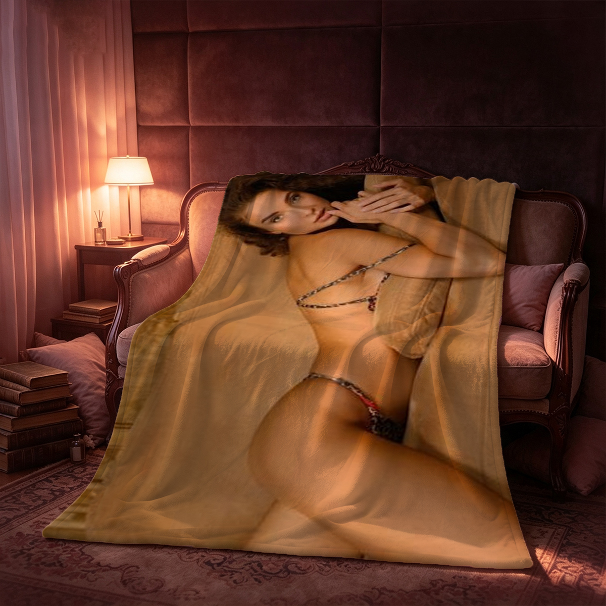A woman in a blue dress and sheer pantyhose posing on a kitchen counter. - Blanket