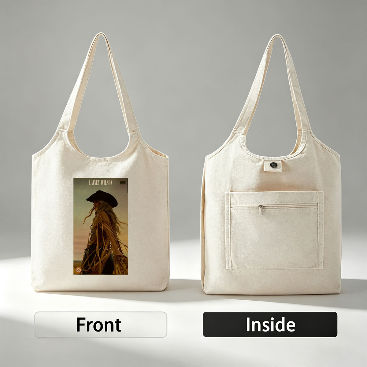 Lainey Wilson in a Cowboy Outfit Standing in a Field at Sunset - Canvas shoulder bags/
