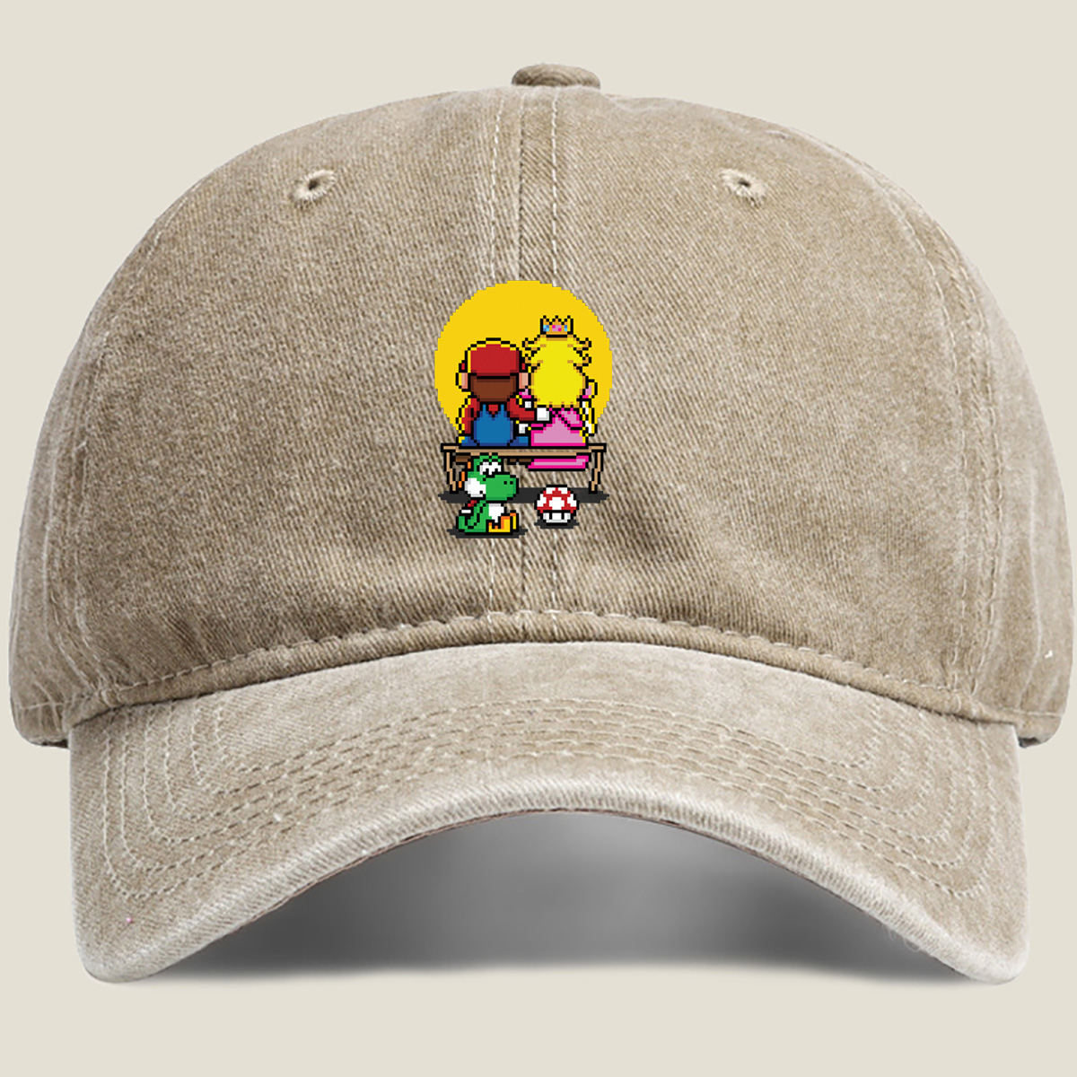 Mario and Peach Pixel Art with Yoshi and Mushroom - Washed Denim - Baseball Cap