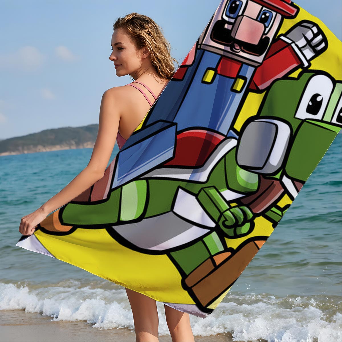 Mario and Yoshi in Action with Toad and Mushrooms - Beach towels