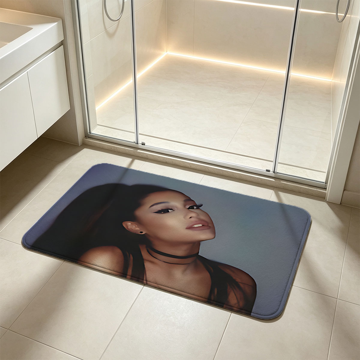 Ariana Grande in a dramatic pose with bold makeup and a black choker, set against a soft gradient background. - Flannel floor mat
