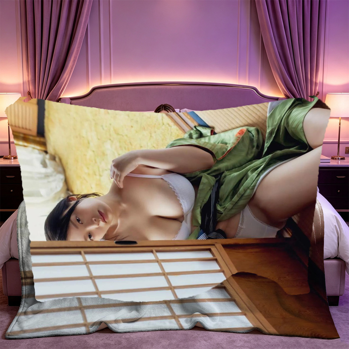Blonde Lesbian in Black Lingerie Seduced on Bed by Nude Blonde Girlfriend - Blanket