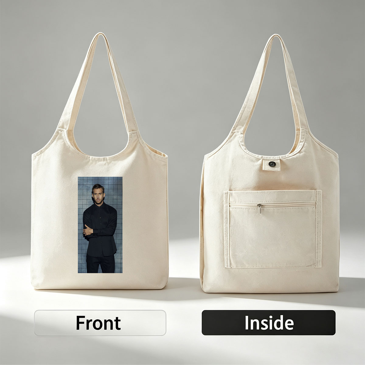Calvin Harris in a Black Shirt and Pants Standing Against a Blue Tiled Wall with Arms Crossed - Canvas shoulder bags/