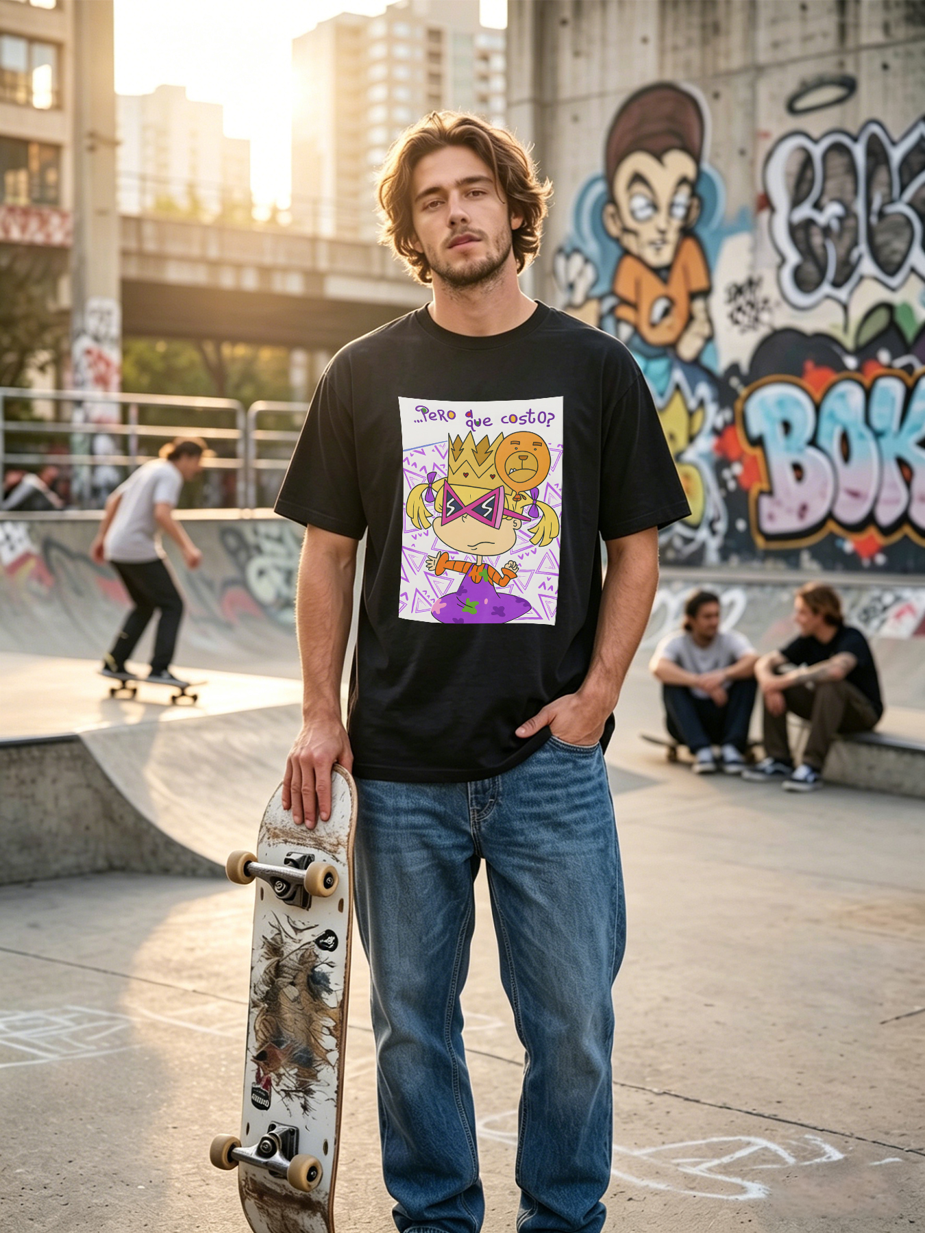 Men's Printed T-Shirt Featuring Cartoon Girl with Crown and Lion Balloon, 