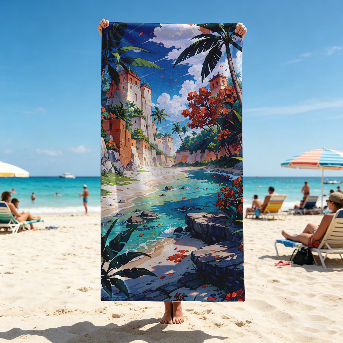 Tropical Beach with Ancient Ruins and Lush Vegetation - Beach towels