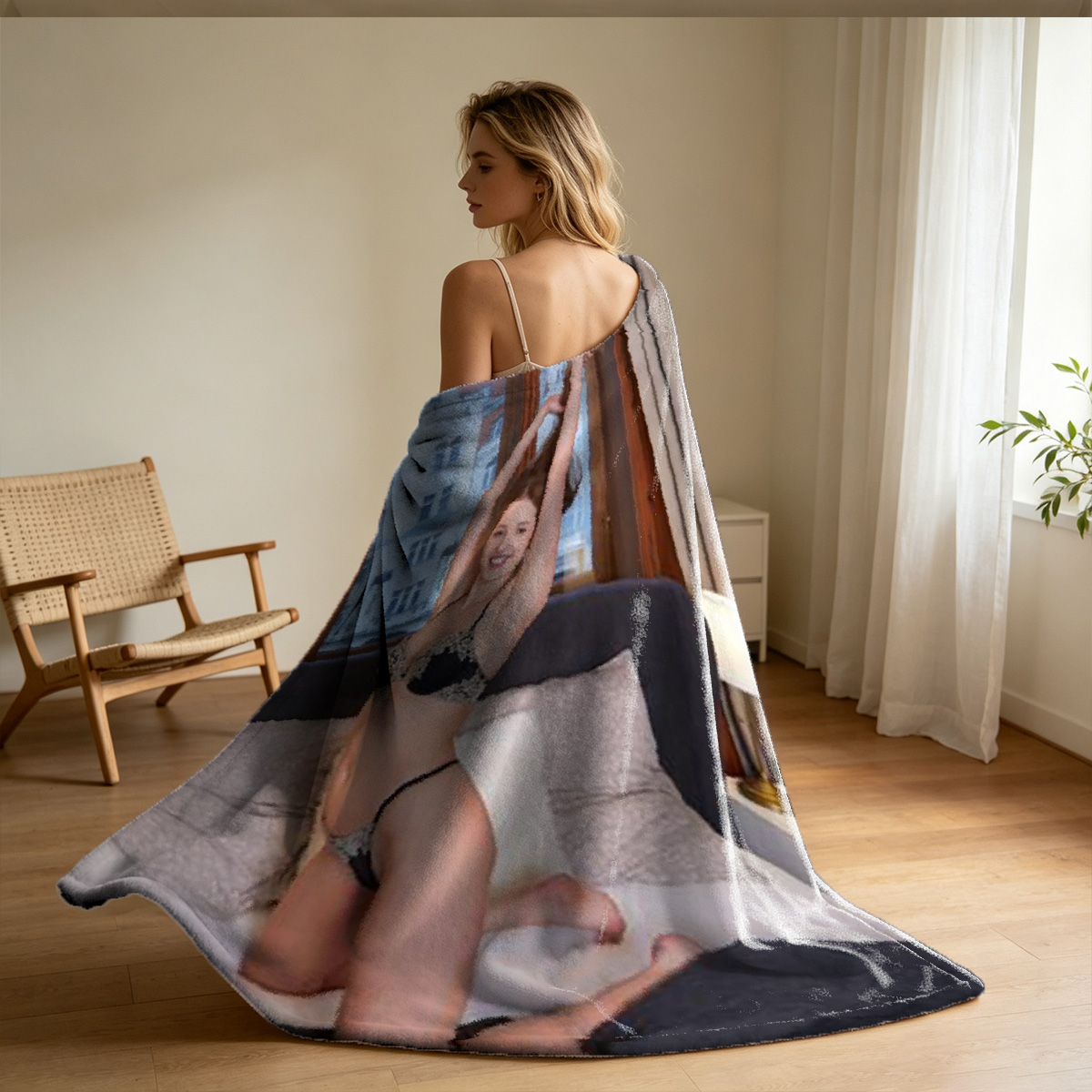 Nude Japanese Model Posing Seductively on Floor Through Glass Reflection - Blanket