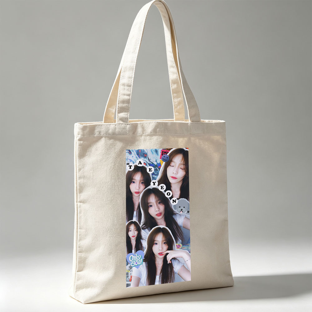 TAEYEON Collage Portrait Featuring Multiple Expressive Selfies with Playful Stickers and Text Overlay - Canvas tote bags