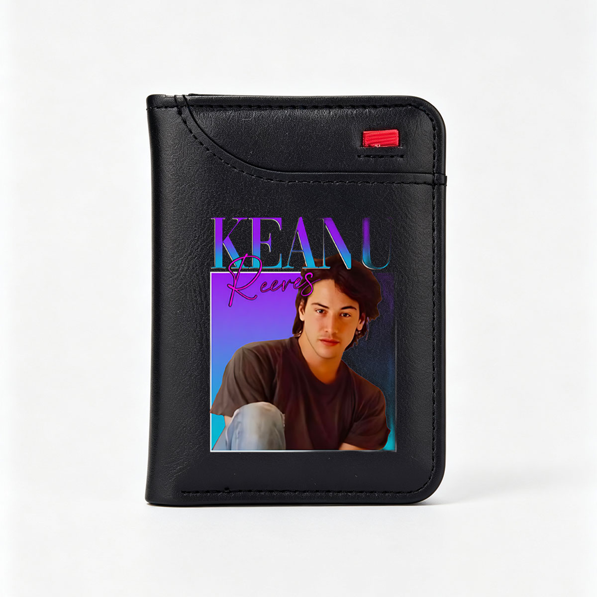 Keanu Reeves Portrait with Vibrant Background and Stylish Text Design - Vertical Style Wallet