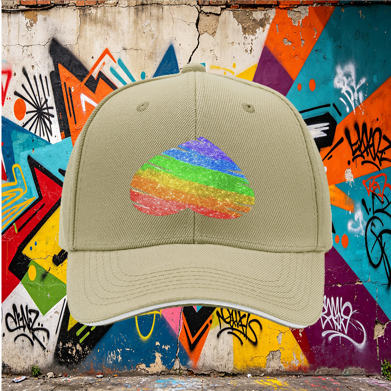 Unisex Classic Sandwich Hat with Rainbow Glitter Heart Print - Perfect for Pride Events, Outdoor Activities, and Casual Wear - Ideal for Adults Seeking Expressive Fashion Statement