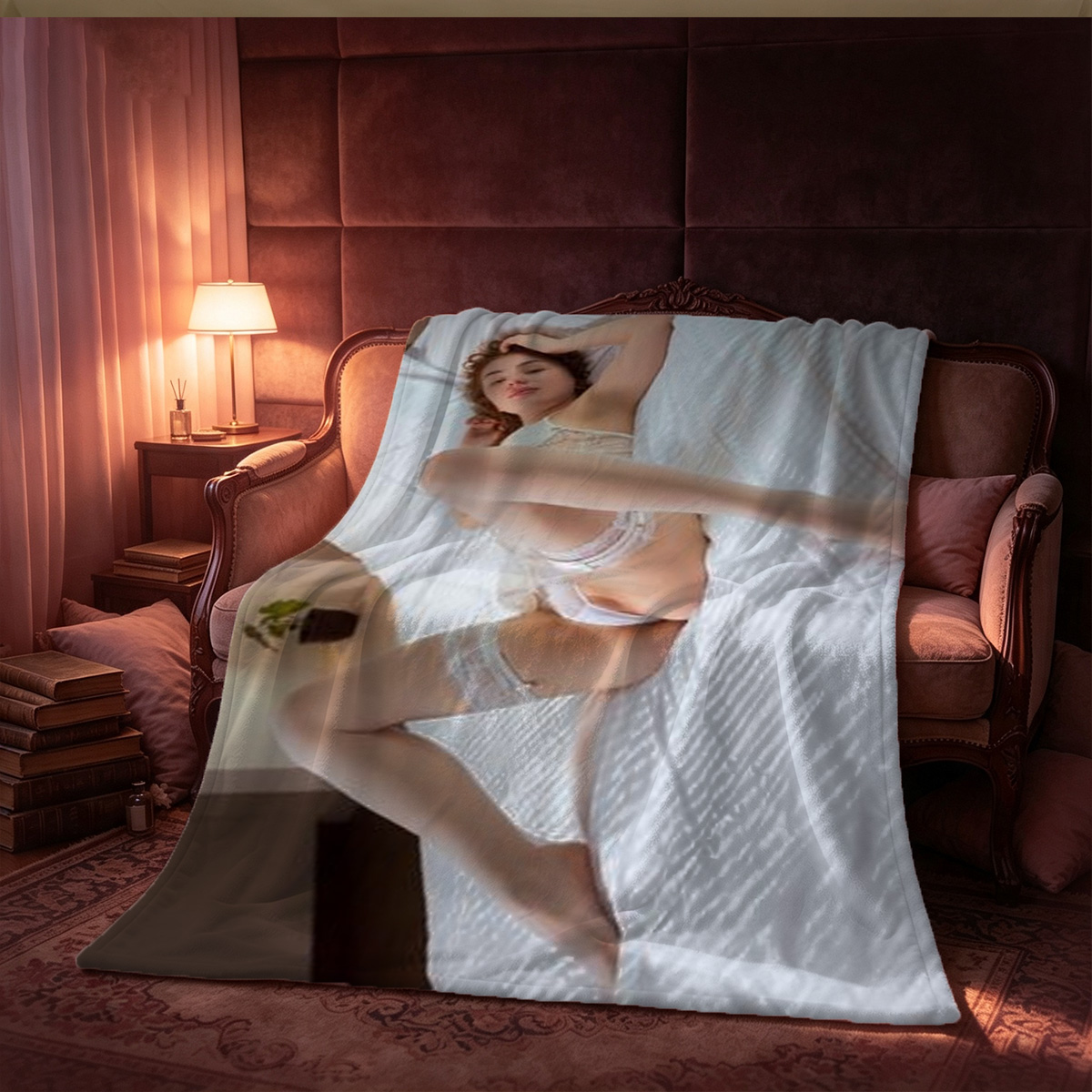 Nude blonde on pool table with orange ball. - Blanket