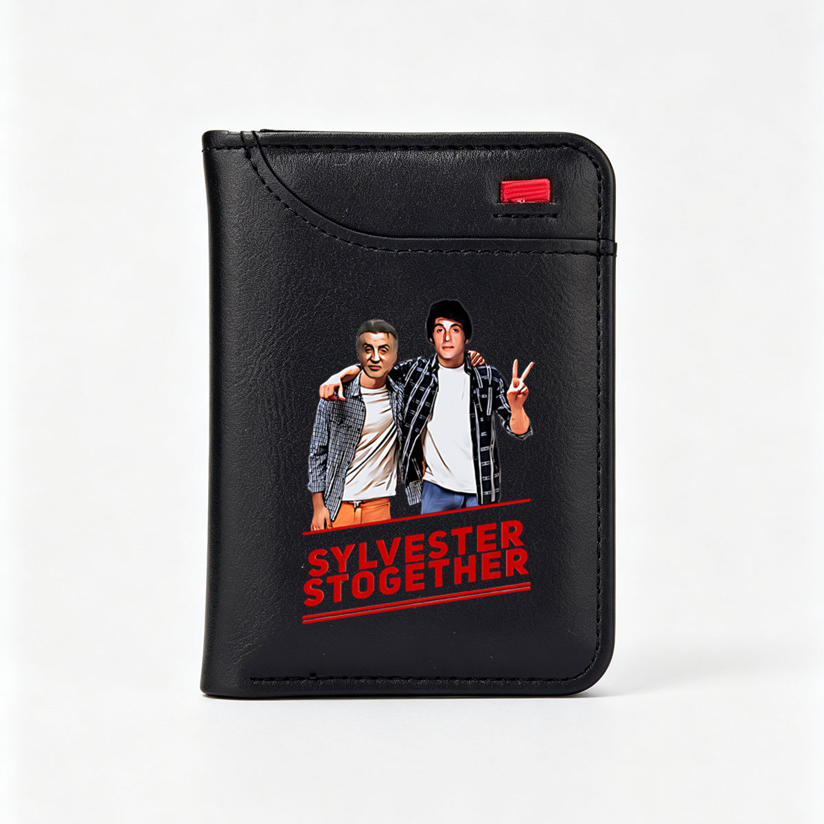 Sylvester Stogether: Two Men in Plaid Jackets and White Shirts, One Making Peace Sign - Vertical Style Wallet