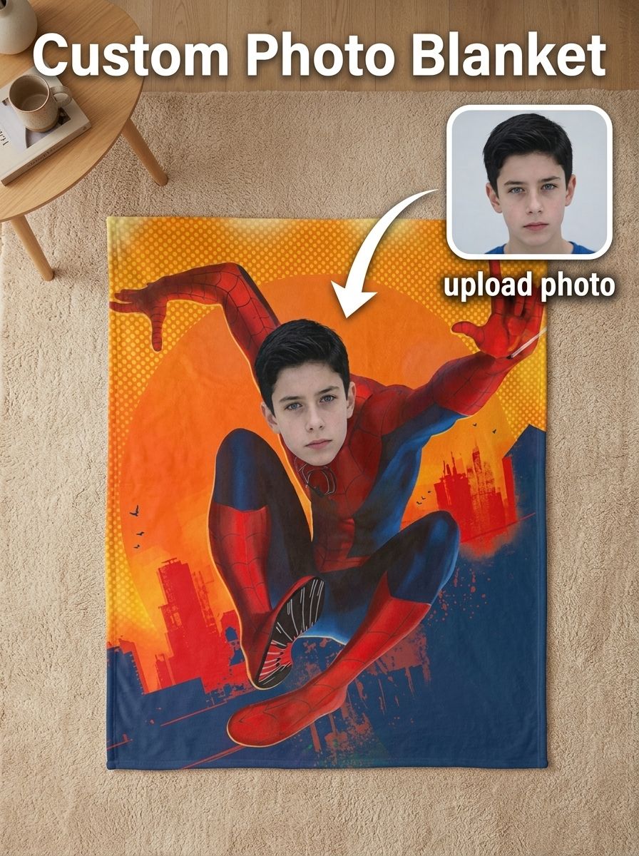 Custom Face Superhero Flannel Fleece Blanket Personalized Photo Plush Throw for Kids and Adults Cozy Gift Idea