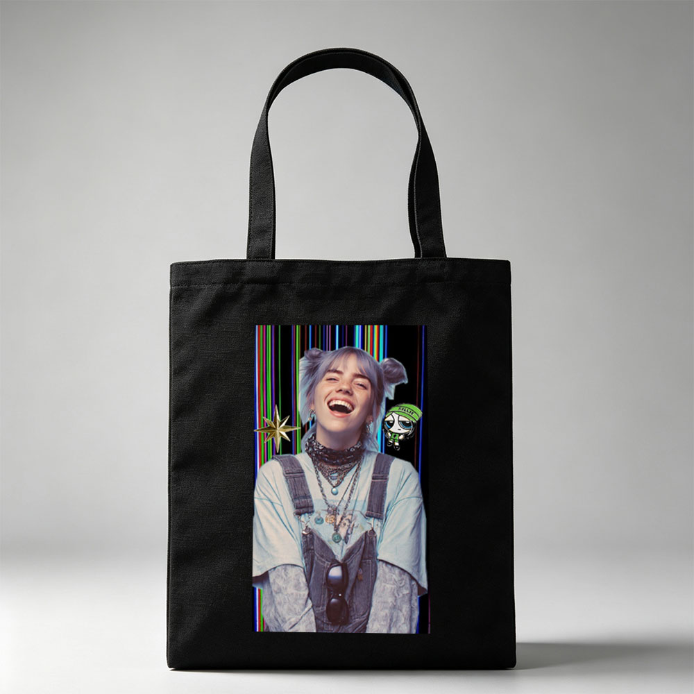 Billie Eilish Laughing in Overalls with Colorful Background and Cartoon Character Overlay - Canvas tote bags
