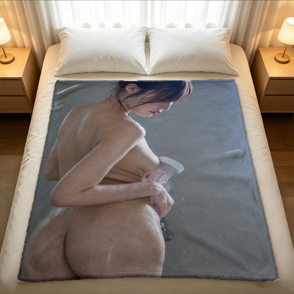 Japanese Model in Blue Bikini Sitting in Waterfall Pool - Blanket
