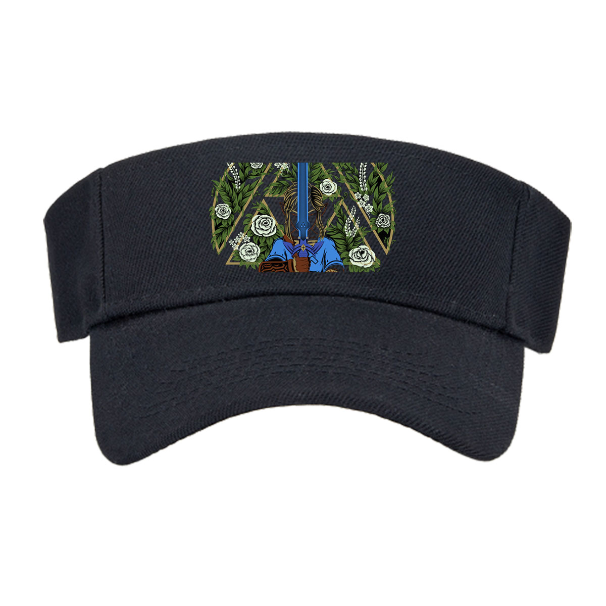 Link from The Legend of Zelda holding Master Sword, surrounded by floral wreath and geometric design -  Visor cap