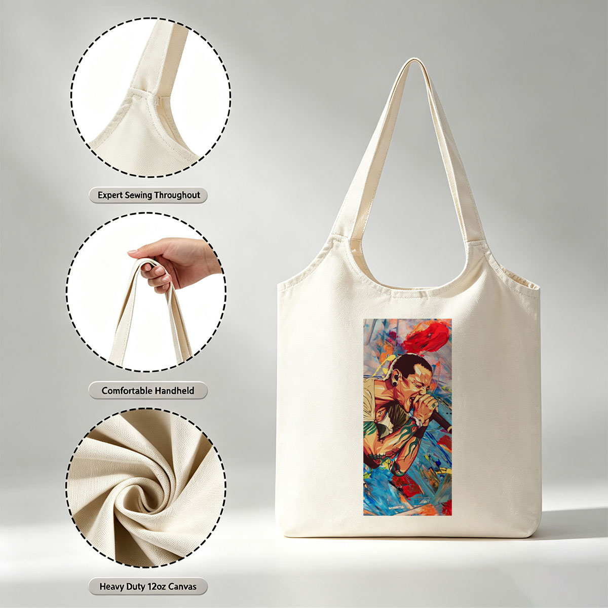 Chris Brown Singing into Microphone in Vibrant Abstract Art Style - Canvas shoulder bags/